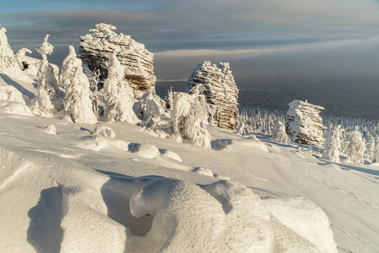 Snowy Rock Formations in Urals