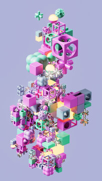 Abstract Pink and Mint Modular Structure on Lavender Background