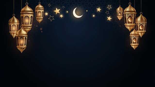 Decorative hanging lanterns with intricate patterns glowing against a night sky background