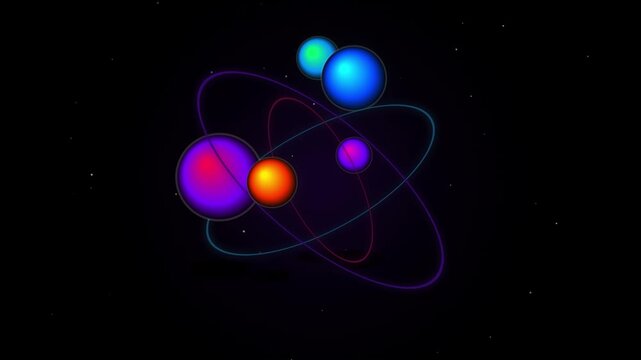 Abstract 3 d atomic structure animation with orbiting colorful spheres