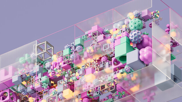 Abstract Pink and Green Modular Structure with Transparent Panels