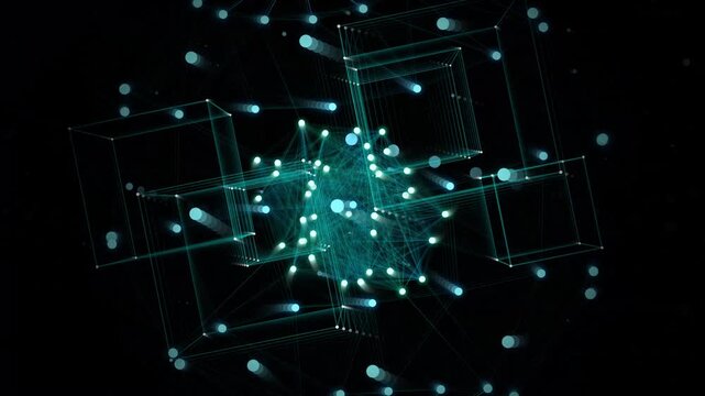 Abstract digital network connection with rotating geometric cubes and glowing data nodes