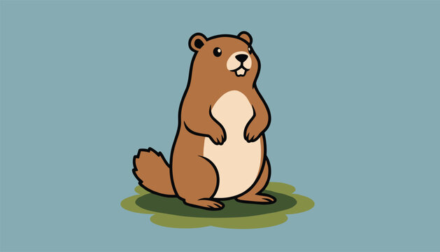 Groundhog standing on grassy patch over blue background represents spring forecast, woodchuck day, and animal wildlife.