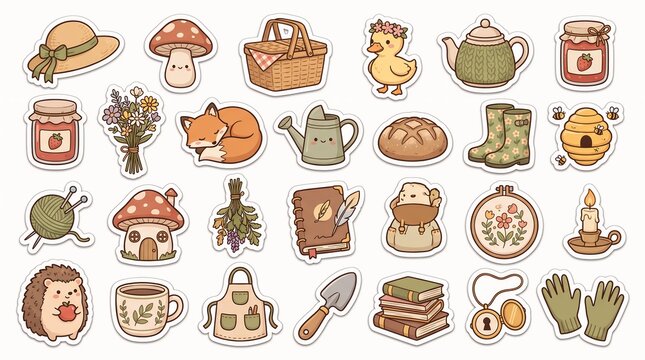Whimsical cartoon stickers set featuring forest animals gardening