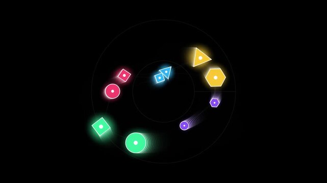 Neon geometric shapes orbiting in circular motion abstract background