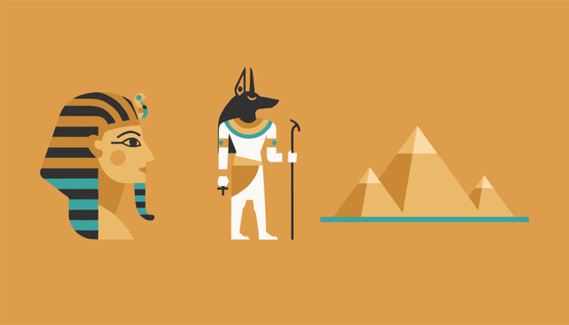 Ancient Egypt collection featuring pharaoh head profile, jackal god Anubis, and Giza pyramids on golden desert sand.