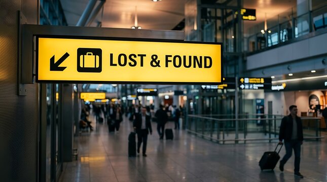 Yellow lost and found sign in an international airport terminal with air travel