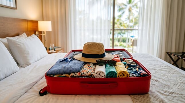 Open red suitcase packed with rolled clothes and straw hat on hotel bed