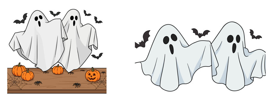 Cute Halloween Sheet Ghost Costumes Set Floating Spooky Ghosts with Bats and Pumpkin Trick or Treat Bucket Vector Illustration Isolated on White Background