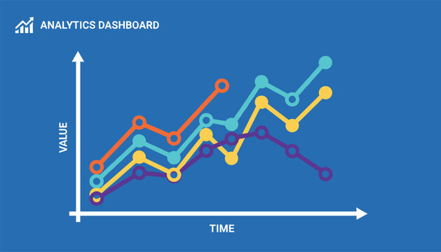 Analytics dashboard displaying multiple rising colorful line graphs representing business progress over time on a blue background.