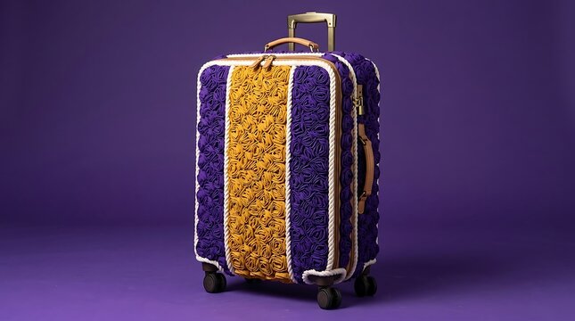 Stylish suitcase featuring a purple and yellow textured pattern