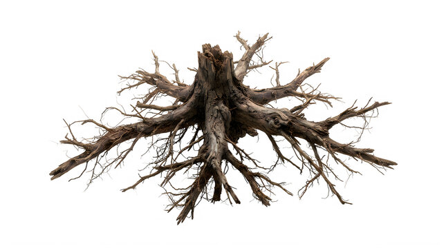 Dry tree root system with detailed texture and brown organic wood structure