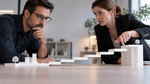 Business Meeting Professional Architect Model Office Discussion Planning with Man and Woman Examining Stepped Architectural Design Strategy