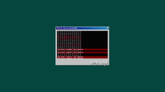 Retro Computer Screen Shows Critical Memory Leak Error with Corrupted Data