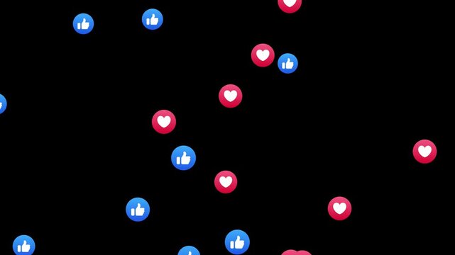 Floating love and like emoji reactions for social media communication on black background in 4K