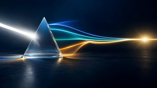 Glass Prism Disperses White Light Into Colorful Waves Across Dark Reflective Surface, Creating Glowing Optical Spectrum Scene With Scientific