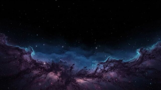 Nebula formations drift slowly across a star filled cosmic landscape