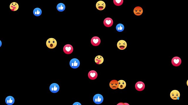 Floating social media emoji animation with live streaming reaction symbol on black background in 4K