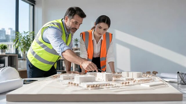 Construction engineer architect review building model, discussing architecture design plan bright office with professional teamwork and safety focus