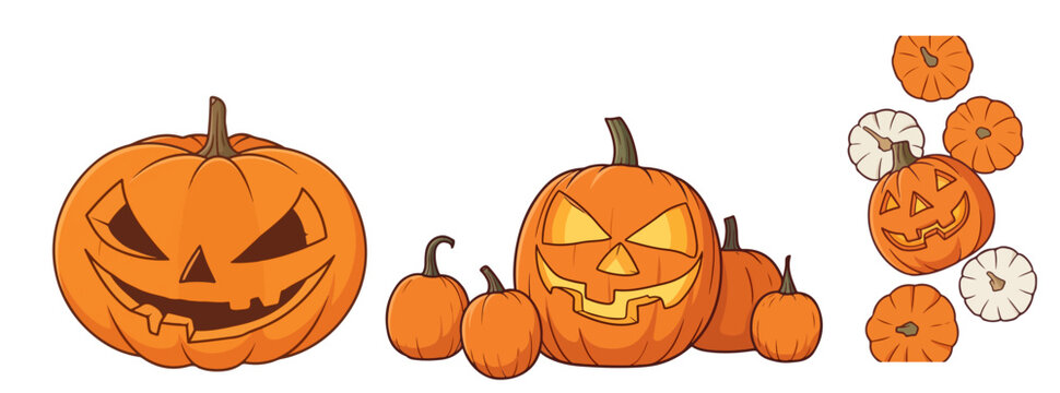 Halloween Carved Jack-o-Lantern Pumpkins Set Glowing Spooky Pumpkin Faces Vector Illustration Isolated on White Background
