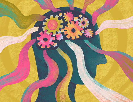 Creative design of a mind with colorful gears and thoughts