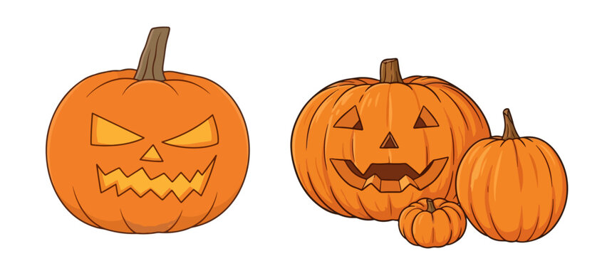 Halloween Carved Jack-o-Lantern Pumpkins Set Glowing Spooky Pumpkin Faces Vector Illustration Isolated on White Background