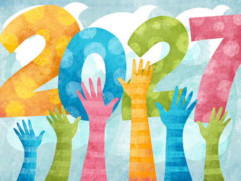 People raising hands to celebrate the year 2027