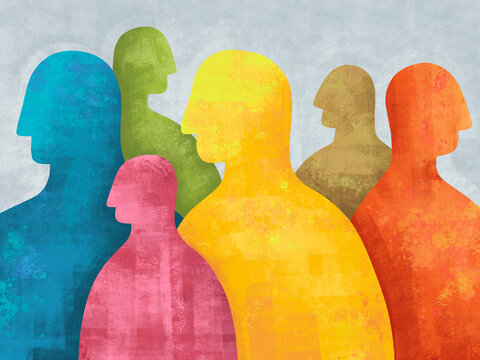 Colorful figures standing together in a group