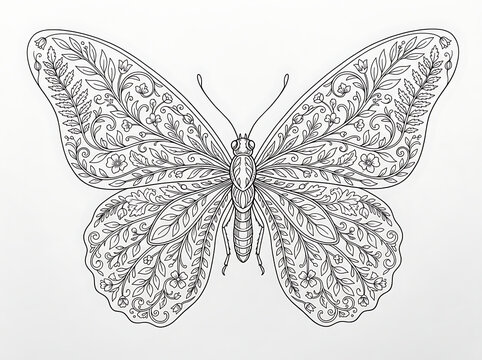 Beautiful butterfly coloring page with intricate floral zentangle patterns and botanical wings   