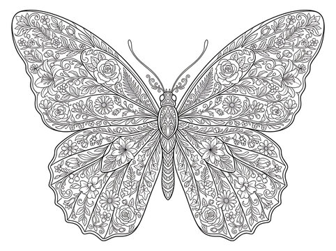 Detailed butterfly coloring page with intricate floral zentangle patterns and decorative wings