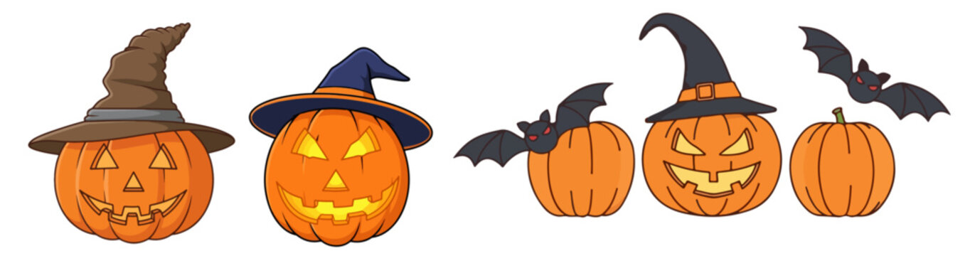 Halloween Witch Hat Pumpkins with Flying Bats Set Glowing Spooky Carved Jack-o-Lantern Vector Illustration Isolated on White Background