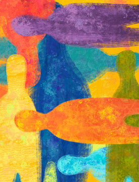 Colorful abstract shapes of people overlapping on a bright surface