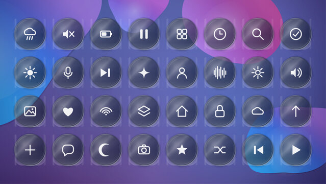 Minimal purple and blue abstract glassmorphism glass app icon set background. Glass style icon keys laid out in neat rows. Trendy design for flyer, banner and website header.