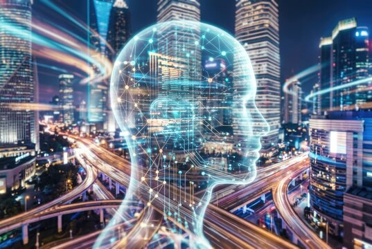 Artificial intelligence overlay on a futuristic city skyline at night.