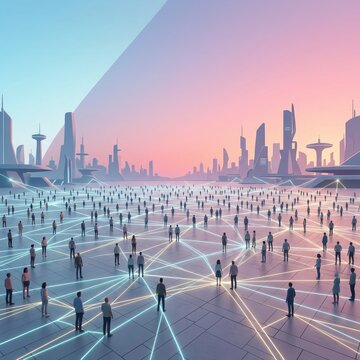 A vast futuristic cityscape with a network of glowing lines connecting numerous people.