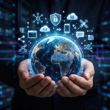 A person holds a glowing digital globe in their hands, symbolizing global connectivity and technology.