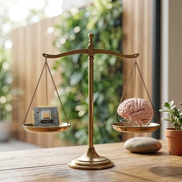 A digital microchip and a human brain are weighed against each other on a brass balance scale.