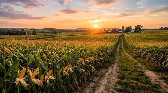 Golden sunset over rural farmland with rows of crops and distant buildings