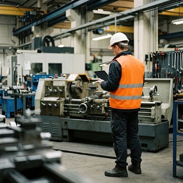 A factory worker in a hard hat and safety vest reviews information on a tablet.