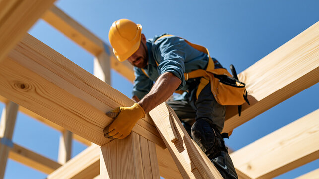 Construction worker carefully climbing wooden structural beams inside a developing building, protective helmet, fall protection, timber construction, craftsmanship, building
