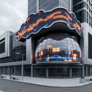 Modern futuristic building with a cloud-shaped LED display and a glass sphere.