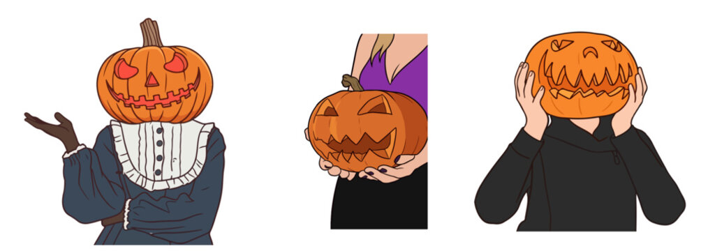 Spooky Halloween Pumpkin Head Characters Set Victorian Dress and Black Hoodie Jack-o-Lantern Mask Vector Illustration Isolated on White Background