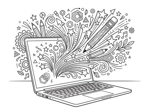 Detailed adult coloring page with an open laptop bursting with creative doodle elements, pencils, and stars   