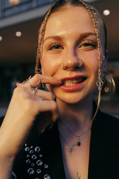 Pierced Woman Smiling at Camera