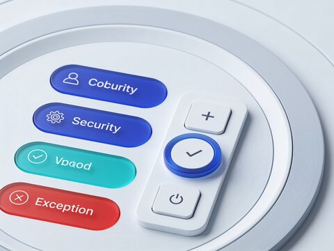 Metallic circular access keypad with white plus, minus, and confirm keys, surrounded by blue, teal, and red function pads. Clean