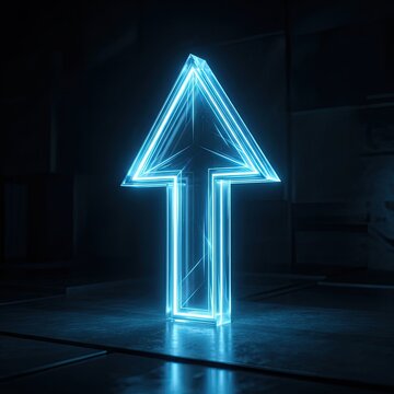 A luminous blue arrow points upwards against a dark, abstract background.