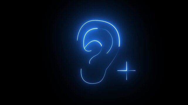 Glowing Blue Neon Ear with Plus Sign Icon Animation on Black Background