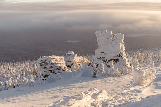 Snowy Rocks in Evening Light