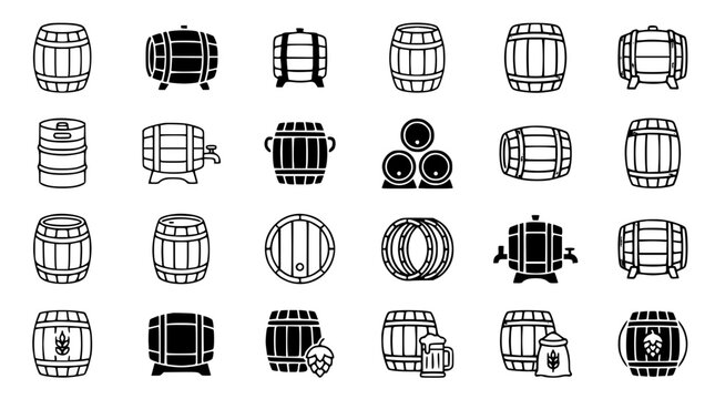 Wooden Barrel Icon Set with Brewery and Distiller Symbols for Wine, Beer, Whiskey, Storage Containers, Retro Graphic Designs, and Liquid Packaging Icons
