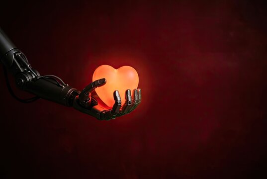 A robotic hand gently holds a glowing heart.